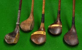 5x Assorted socket neck woods to include a JH Taylor inlaid striped topped driver, an H Curtis of