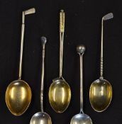 5x interesting silver golfing tea spoons early 1900's all with golf club stems and two with golf