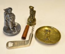 Interesting collection of golfing items to incl a Dunlop Caddie style brass bell made in England,