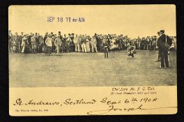 Freddie Tait golfing postcard titled "The Late Mr FG Tait, Amateur Champion 1896 and 1898" with hand