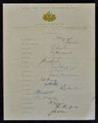 Australian Team on Tour 1956 Signed Cricket Team Sheet a full team featuring Johnson, Miller,
