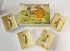 Scarce Royal Doulton Bateman Golfing Series Ware pot c/w 4 pins trays - the lid decorated with "