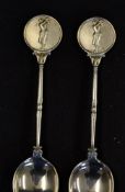 Pair of silver golfing coffee spoons c.1932 - with embossed golfing figure finials