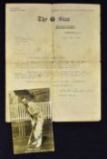 Jack Hobbs Signed Cricket Postcard black and white postcard signed in blue ink to the front, with an