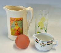 Tennis Ceramic and Glassware including a Jug with 'Prosser & Sons' advertising decoration measures