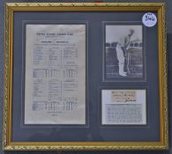 Scarce 1909 Silk Scorecard and Warren Bardsley Signed Display features a silk England v Australia