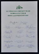 1987 Australian Cricket Team World Cup Tour India and Pakistan Signed Team Sheet consisting of