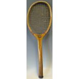 Geo. Bussey & Co London "College" wooden tennis racket c.1910 with patent wavy wedge, bevelled