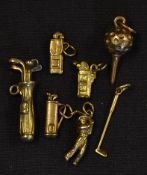 Collection of 7x various yellow metal golfing charms to incl 4x golf bags and clubs, golfing figure,