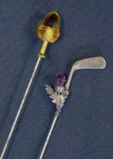 Pair of silver Thistle golf club hat pins hallmarked Birmingham 1909 with Acorn overall 11.5" (G)