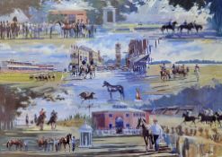 Scenes of Newmarket Colour Print by David Trundley, a montage of scenes, framed and glazed 76 x 60cm