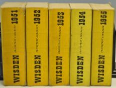 1951 - 1955 Wisden Cricketers Almanacks with 1951 edited by Hubert Preston the remaining edited by