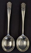 Pair large silver golf club spoons c.1935 - with embossed golfing finials with clubs initials "E.C.