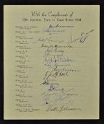 1948 Australian 'Invincibles' Signed Team Sheet Tour to Great Britain with a fully signed