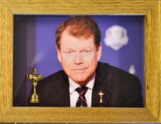 2014 Ryder Cup lapel badge issued to the Captains, Players and officials - mounted in photograph