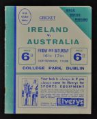 Rare 1938 Ireland v Australia Cricket Official Souvenir Programme date 16-17 Sept 1938 at College