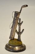 Unusual Silver hat pin and ring stand c.1913 - in the shape of a golf bag and club resting on a tree
