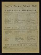 1902 England v Australia Cricket Scorecard played at Surrey, date August 11-13, 5th Test match,