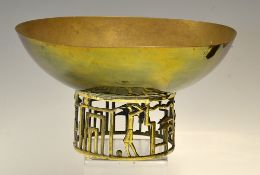 Hagenauer style Art Deco brass fruit bowl with golfing figures around the stand in stick decoration,