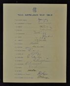 1958/59 M.C.C. Australasian Tour Signed Cricket Team Sheet includes May, Cowdrey, Bailey, Evans,