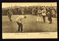 Early St Andrews golfing postcard showing A. Herd (Champion 1902) and Andrew Kirkcaldy putting out -