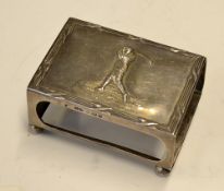 Early silver golf match box table holder hallmarked London 1899 -featuring fine golfing figures top,