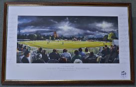 Worcestershire v Leicestershire Signed Cricket Print 'New Road at Night' 'Lampitt races in -