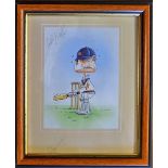 Courtney Walsh Signed Cricket Caricature Print of a nervous looking batsman, mounted and framed,