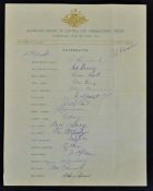 Australian Team on Tour 1961 Signed Cricket Team Sheet a full team of signatures such as Benaud,