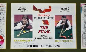 Embassy World Snooker 1997 Ken Doherty and 1998 John Higgins Signed Display with facsimile
