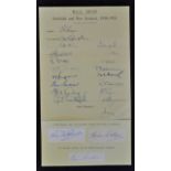 1950-51 M.C.C. Tour to Australia and New Zealand Autographed Team Sheet with signatures featuring