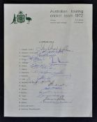 1972 Australian Tour of England Signed Cricket Team Sheet consisting of players Chappell, Colley,