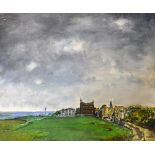 Tad ( Scottish School) "St Andrews, Fife from The 17th on The Old Course, 1971" oil on board