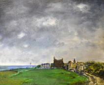 Tad ( Scottish School) "St Andrews, Fife from The 17th on The Old Course, 1971" oil on board