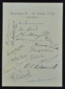 1938 Australian XI - Great Britain Cricket Team Signed Autograph Page featuring players such as