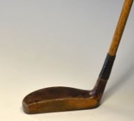 Elongated Shallow Wooden mallet head socket neck Putter with full brass sole plate, stamped J Horn