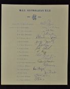 1965/66 M.C.C. Australasian Tour signed Cricket Team Sheet to include Smith, Cowdrey, Allen,