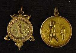 Early 15ct gold golfing medal - embossed on the obverse with a golfing figure and caddie and