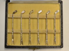 Set of 6x silver golf club cocktail sticks dated 1925 - in original fitted case