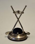 Silver hat pin stand featuring crossed long nose golf clubs and balls - hallmarked Chester 1920