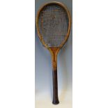 T.H Prosser and Sons wooden fan tail tennis racket c.1905 retailed by Henry Whitty Liverpool, fitted