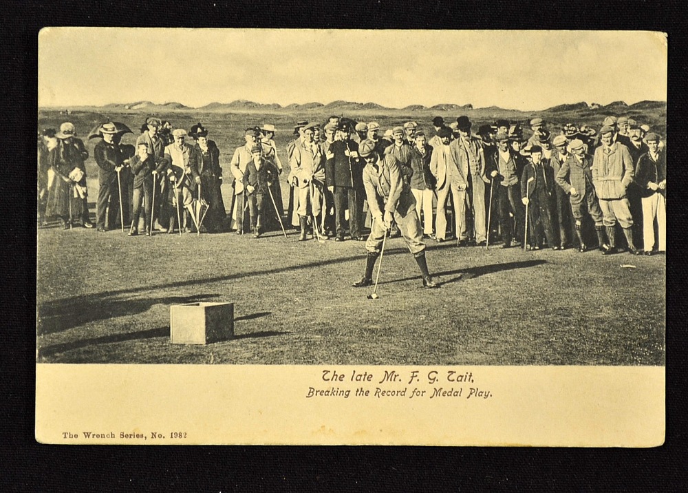 Freddie Tait golfing postcard titled "The late Mr FG Tait, Breaking the Record for Medal Play" - The