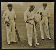 1934 Oldfield, Bradman and Woodfull Signed Cricket Photograph with the three players inspecting