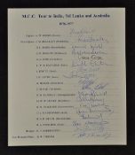 1976/77 M.C.C. Tour to India, Sri Lanka and Australia Signed Cricket Team Sheet features Greig,