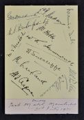 1930 England Cricket Team Signed Autograph Page featuring Hobbs, Tate, Hendren, Duleepsinhji,