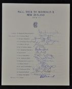 1970/71 M.C.C. Tour to Australia & New Zealand Signed Cricket Team Sheet to include Cowdrey,