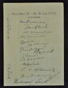 1938 Australian XI - Great Britain Cricket Team Signed Autograph Page featuring players such as