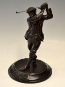 Large spelter golfing figure in the style of Harry Vardon - mounted on a circular base, replaced