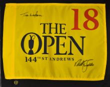 2015 Open Golf Championship pin flag signed by past open champions Nick Faldo and Tom Watson -