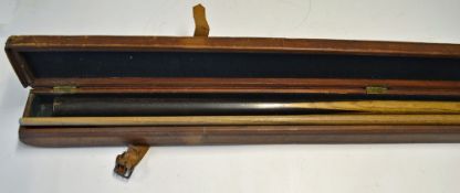 One Piece Snookers Cues complete with squared leather case cues stamped 15 ¼ and 15 1/8 oz